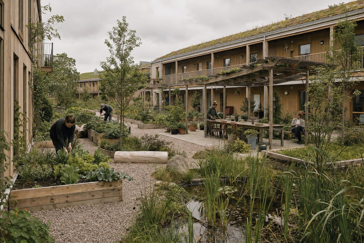 Gemensam gårdsmiljö med odlingslådor, regnbädd och pergola.