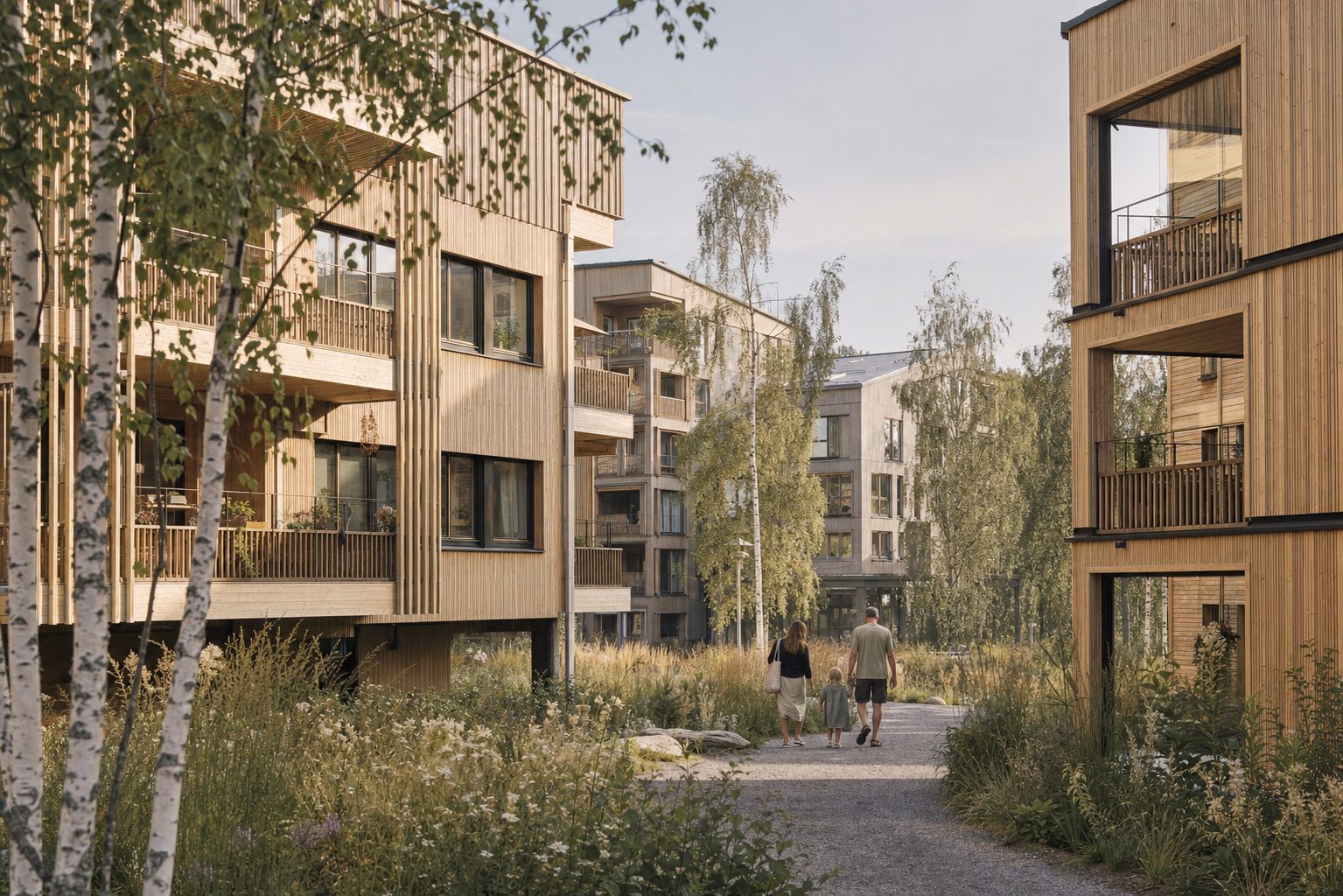 Kvarter med flerbostadshus i trä, gårdsmiljö med björkar och ängsplanteringar.