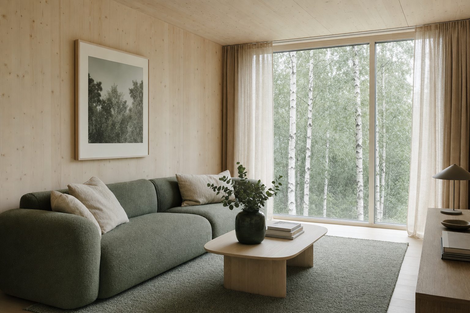 Ljust vardagsrum med synligt massivträtak, salviagrön soffa i bouclé och utsikt mot björkar.