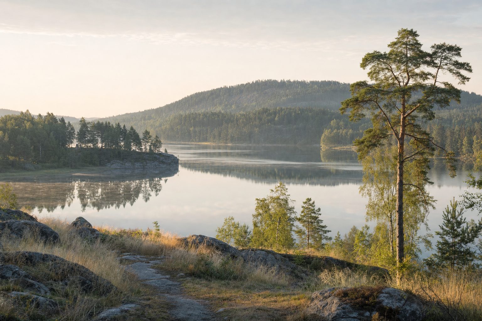 Stilla sjö omgiven av barrskog i morgondimma.