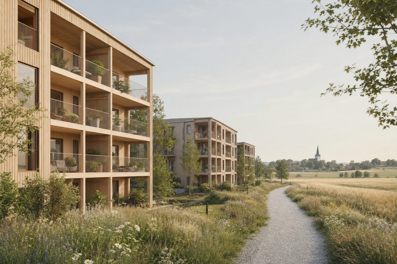 Trähus i tre våningar vid en äng med vildblommor i Knivsta.